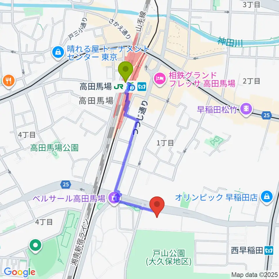 高田馬場駅からハセカン ハセガワ管楽器工房へのルートマップ地図