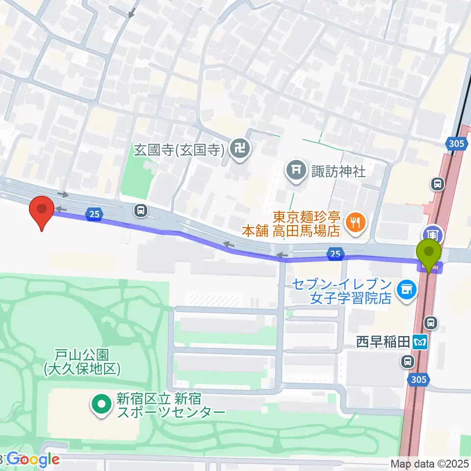 ハセカン ハセガワ管楽器工房の最寄駅西早稲田駅からの徒歩ルート（約6分）地図