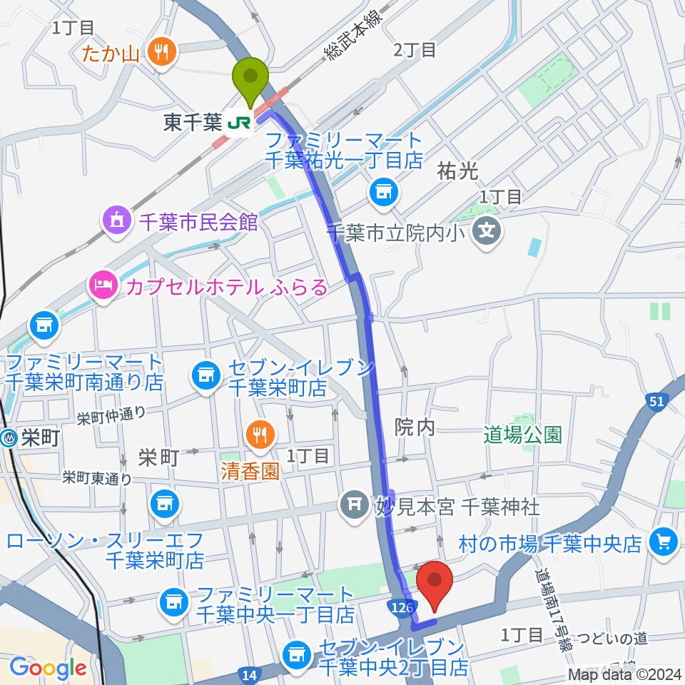 東千葉駅からルイジアナ・ギターズへのルートマップ地図