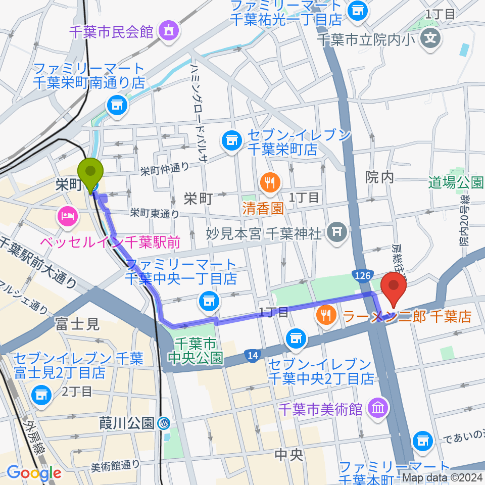 栄町駅からルイジアナ・ギターズへのルートマップ地図