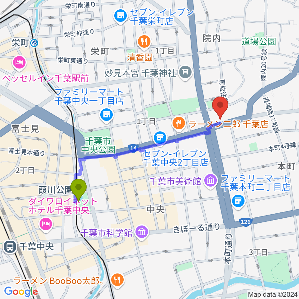 ルイジアナ・ギターズの最寄駅葭川公園駅からの徒歩ルート（約9分）地図