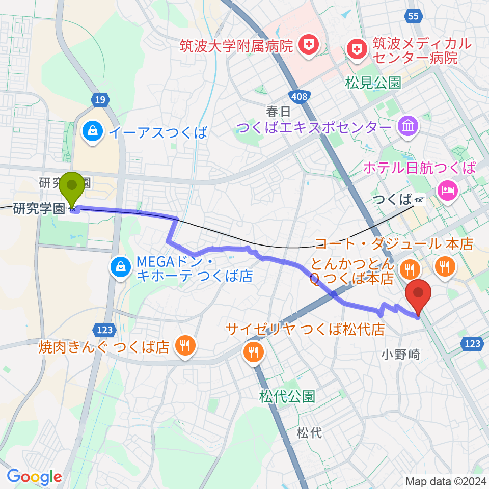 研究学園駅からクレフ楽器へのルートマップ地図