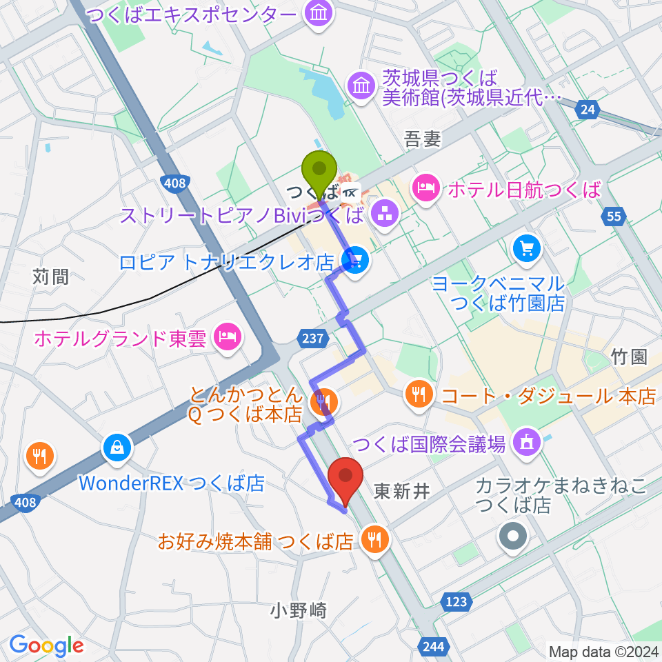 クレフ楽器の最寄駅つくば駅からの徒歩ルート（約14分）地図