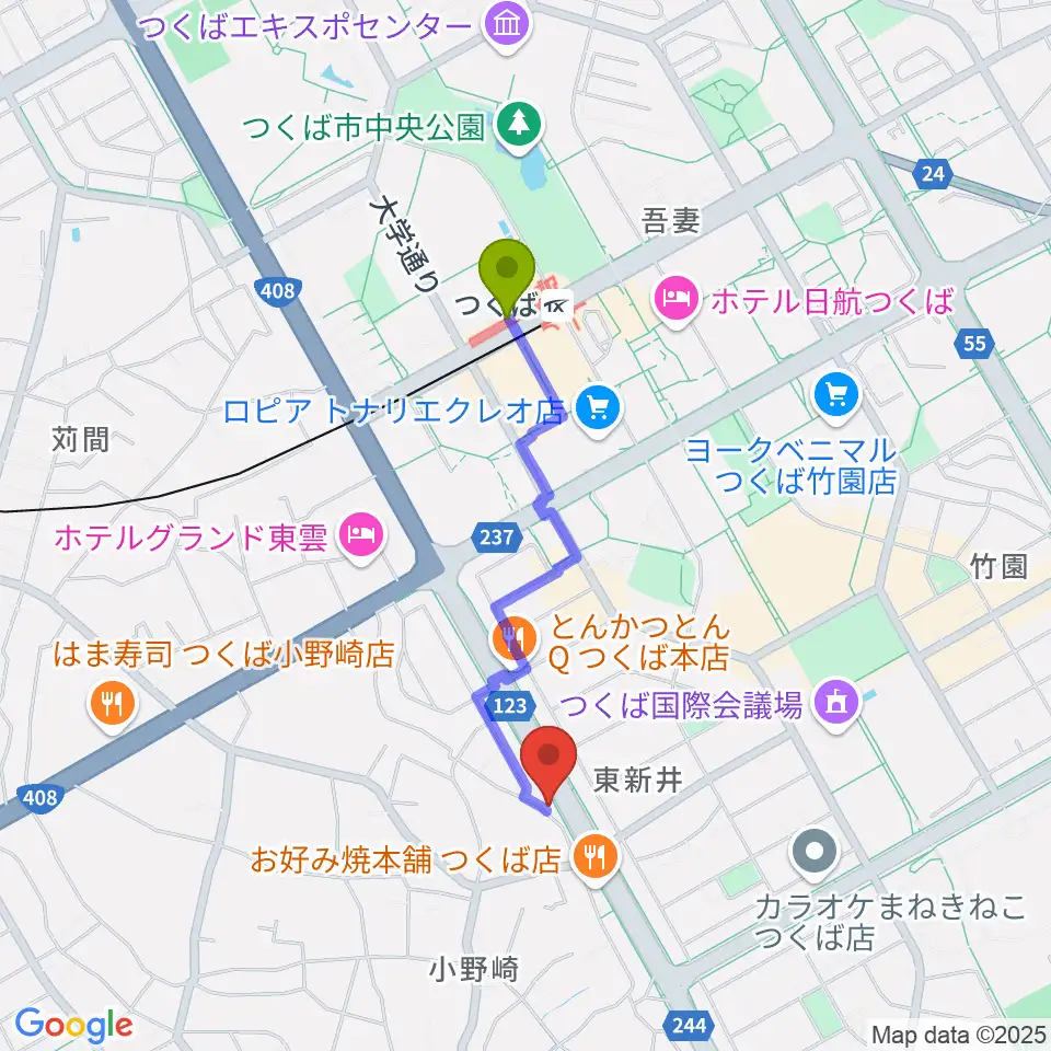 クレフ楽器の最寄駅つくば駅からの徒歩ルート（約14分）地図
