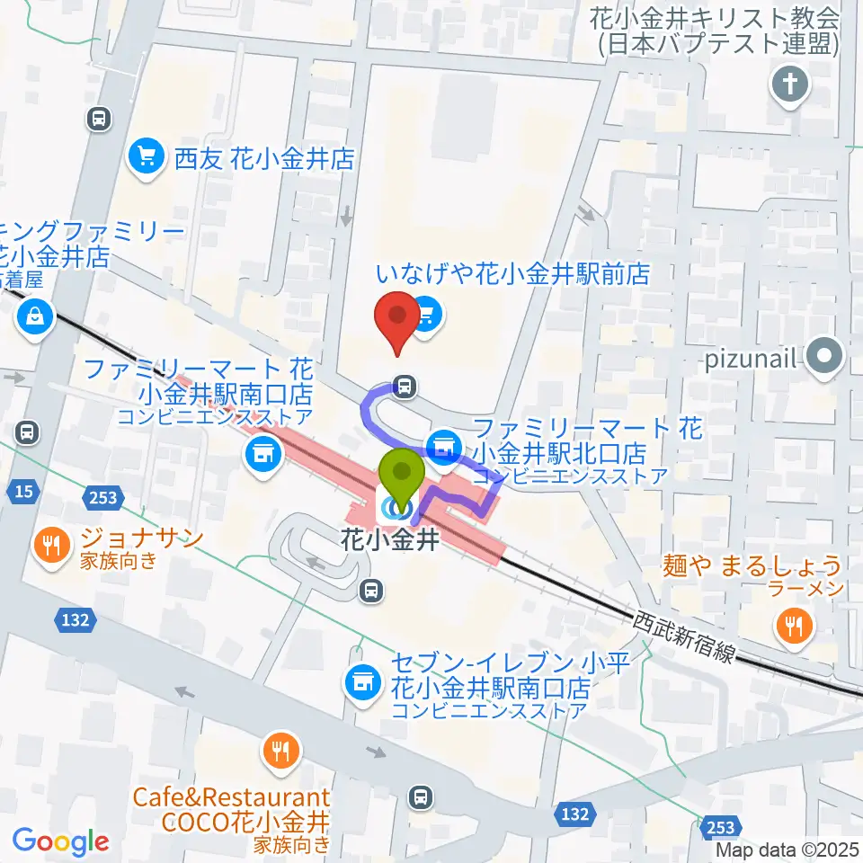 花小金井GUITAR REPAIRの最寄駅花小金井駅からの徒歩ルート（約1分）地図