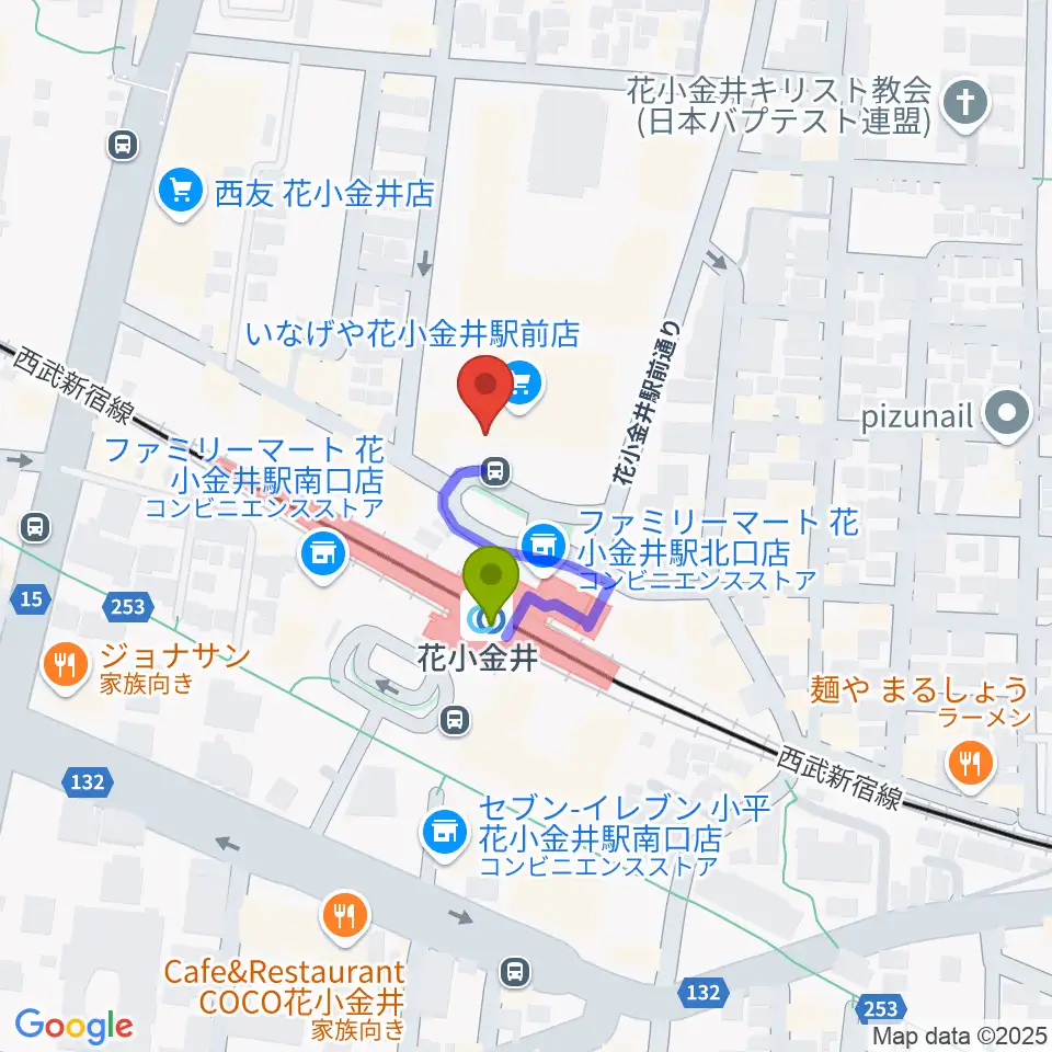 花小金井GUITAR REPAIRの最寄駅花小金井駅からの徒歩ルート（約1分）地図