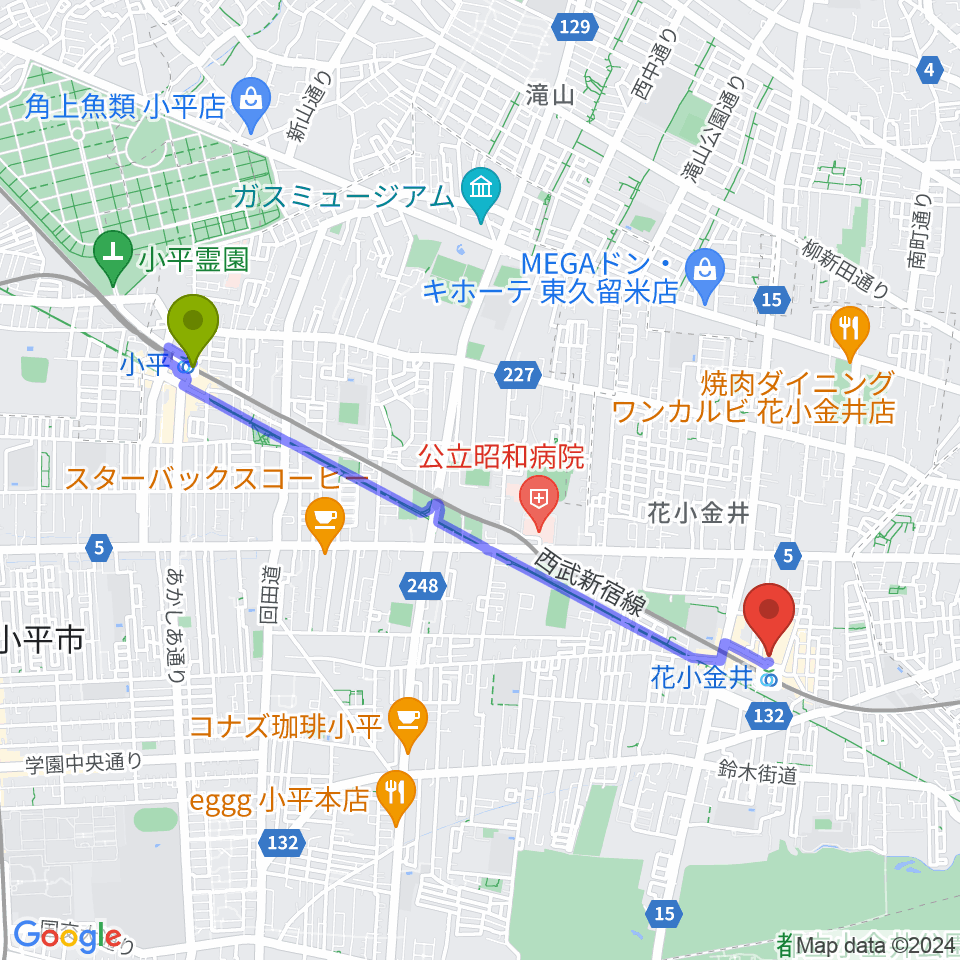 小平駅から花小金井GUITAR REPAIRへのルートマップ地図