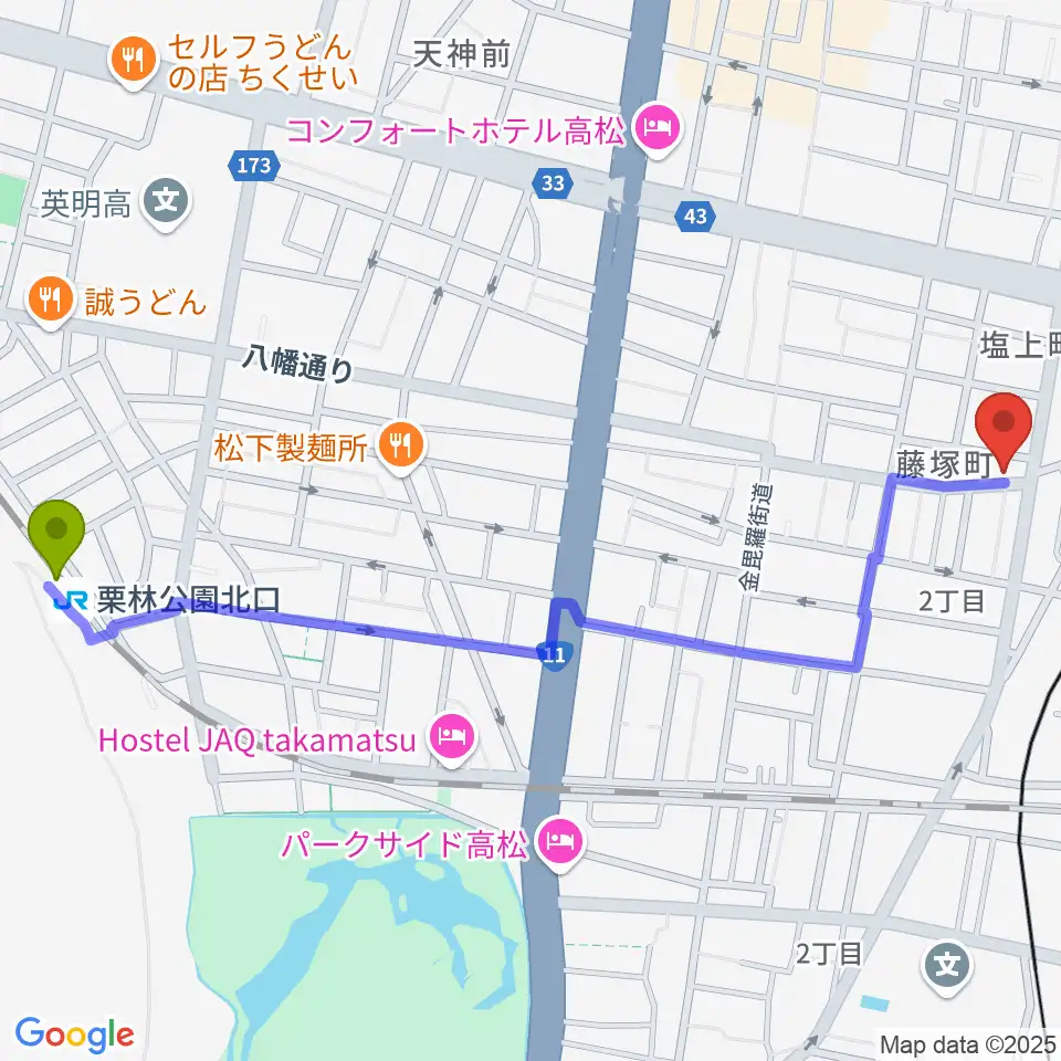 栗林公園北口駅から管楽器専門店ミュージカルヒロへのルートマップ地図