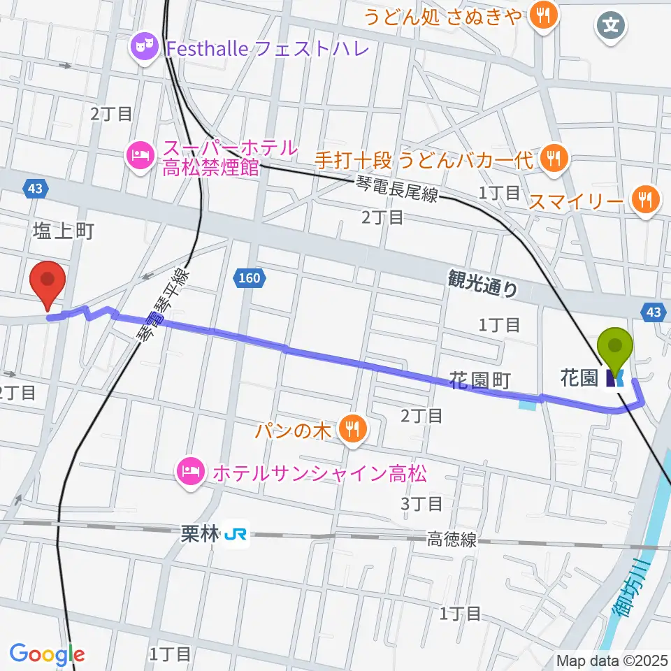 花園駅から管楽器専門店ミュージカルヒロへのルートマップ地図
