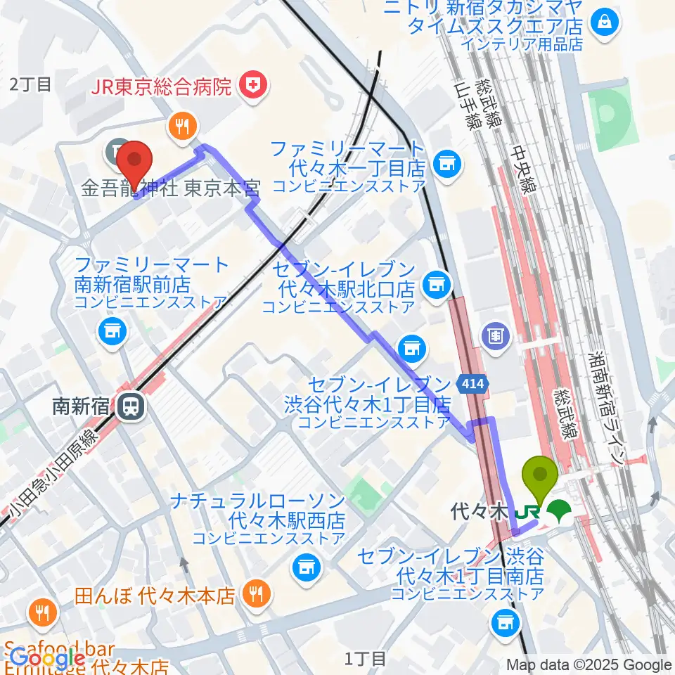 代々木駅から絃楽器のイグチへのルートマップ地図