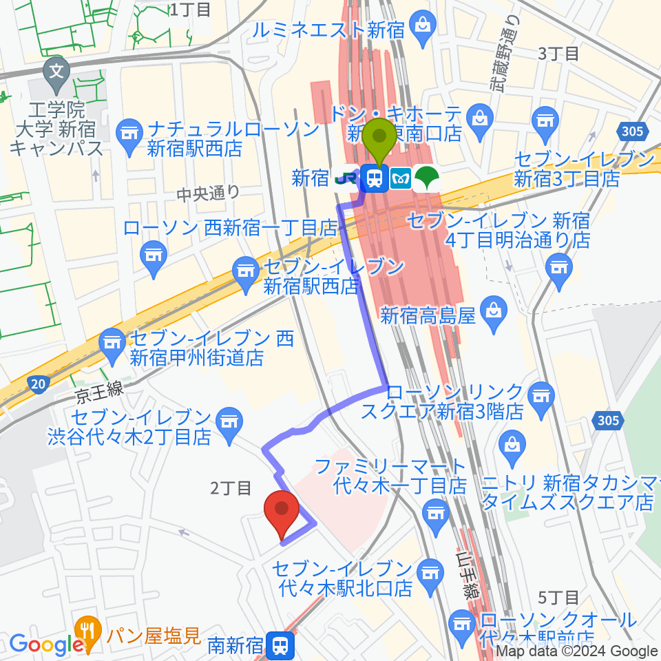 新宿駅から絃楽器のイグチへのルートマップ地図
