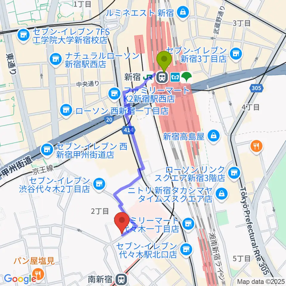 新宿駅から絃楽器のイグチへのルートマップ地図