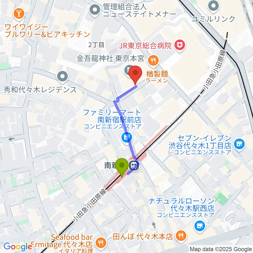 絃楽器のイグチの最寄駅南新宿駅からの徒歩ルート（約3分）地図