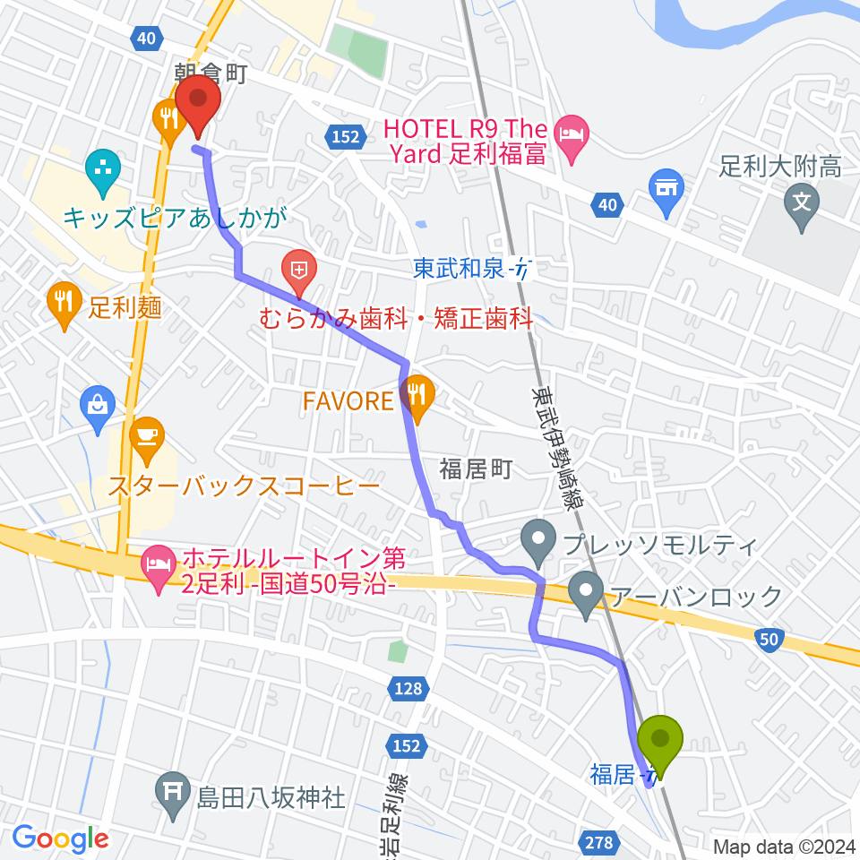 福居駅からいとろ和楽器店へのルートマップ地図