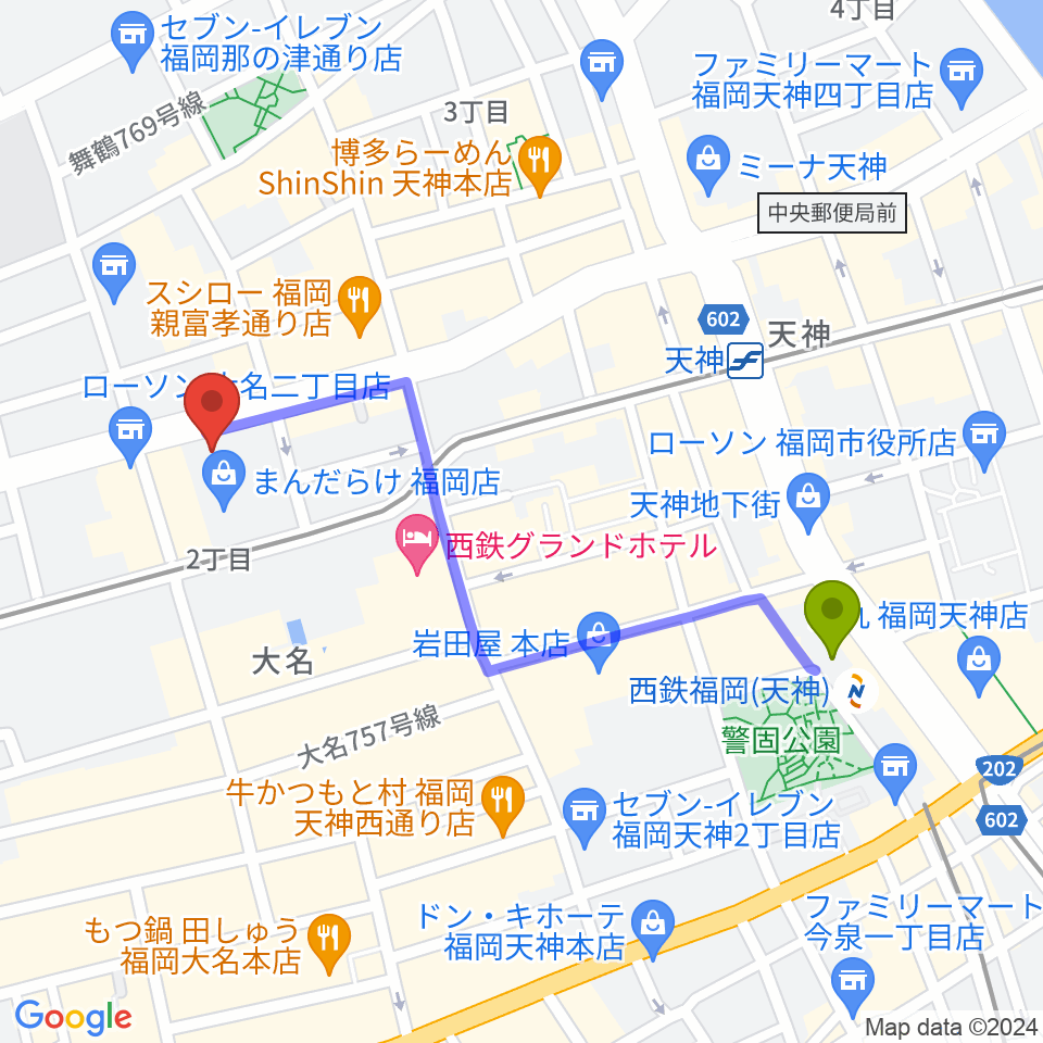 西鉄福岡（天神）駅からイズタ・バイオリンへのルートマップ地図