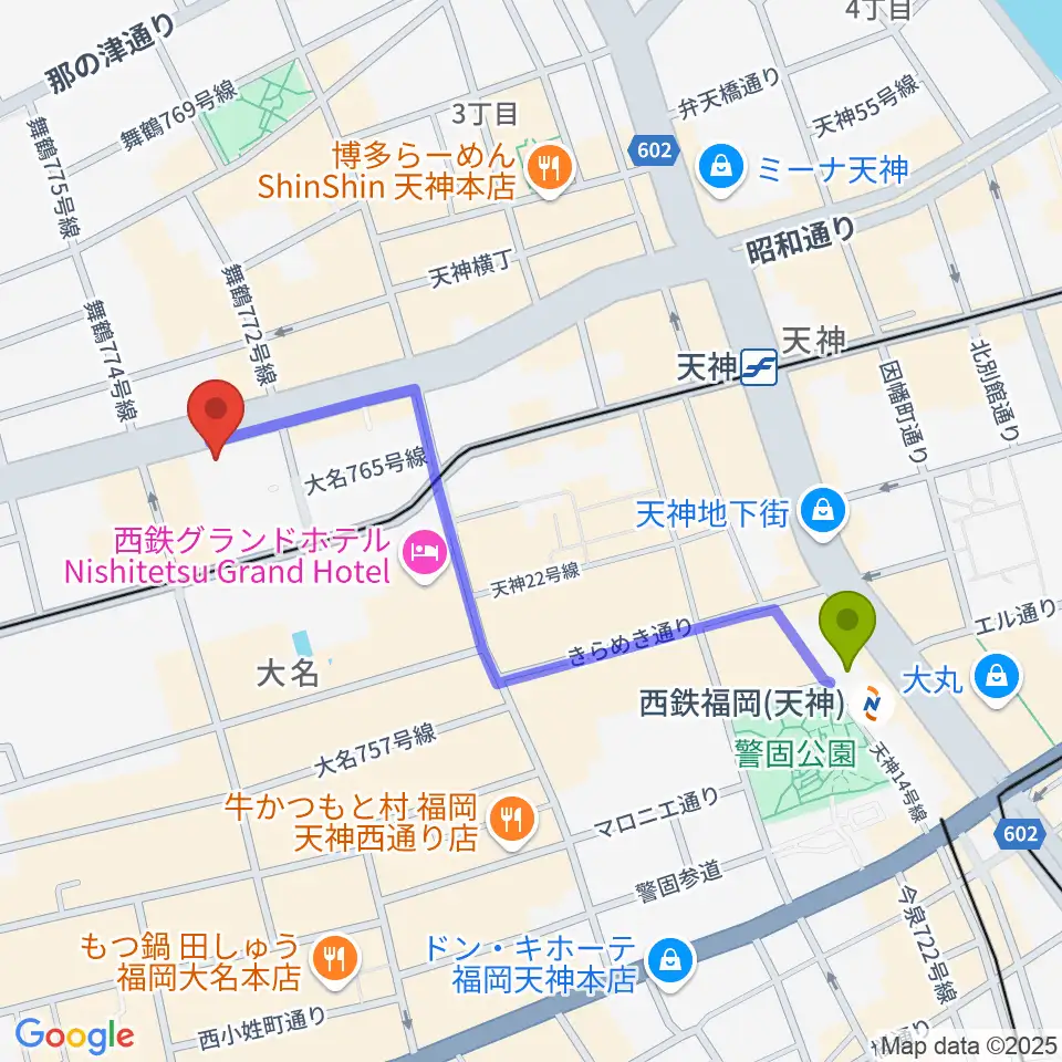 西鉄福岡（天神）駅からイズタ・バイオリンへのルートマップ地図