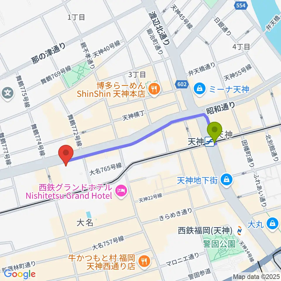 天神駅からイズタ・バイオリンへのルートマップ地図