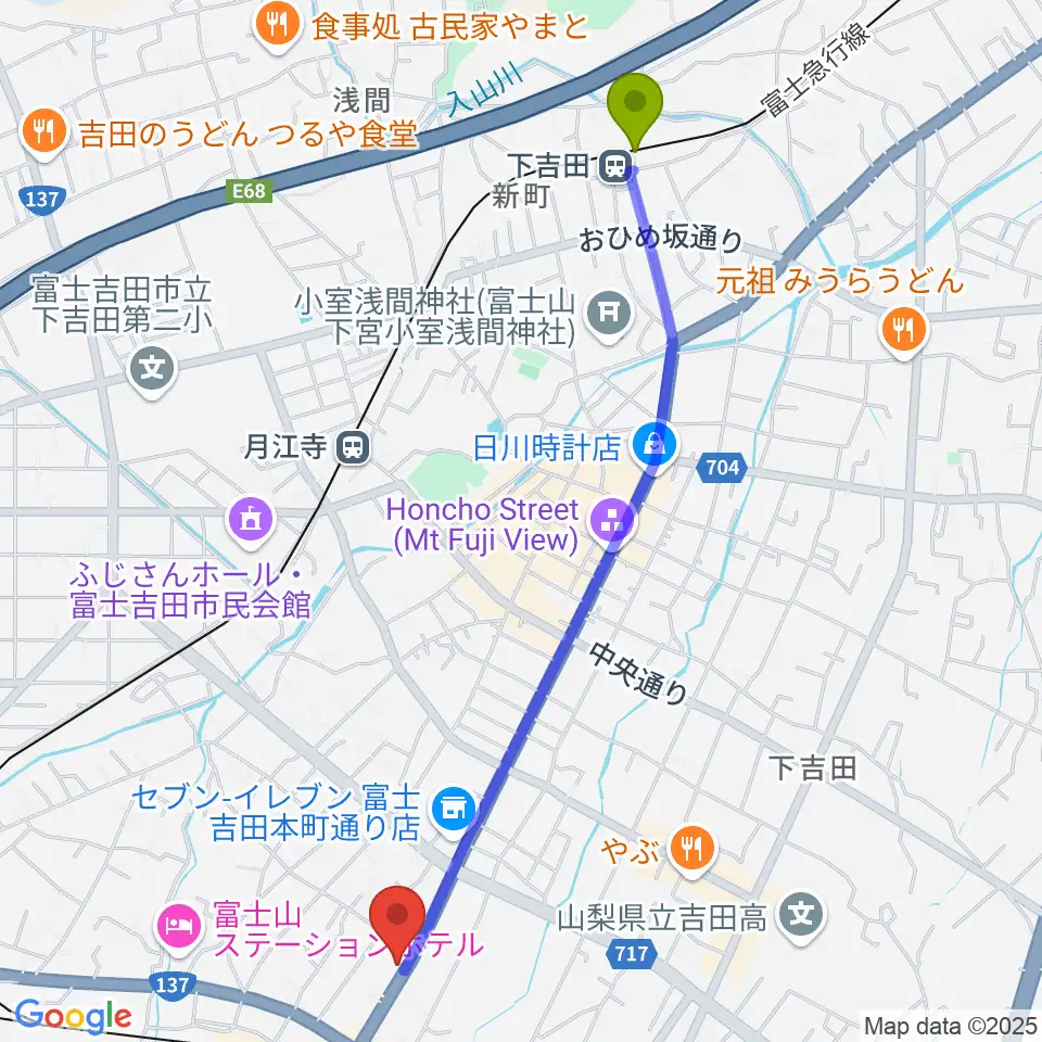 下吉田駅から内藤楽器 富士吉田店へのルートマップ地図