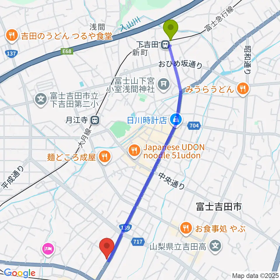 下吉田駅から内藤楽器 富士吉田店へのルートマップ地図