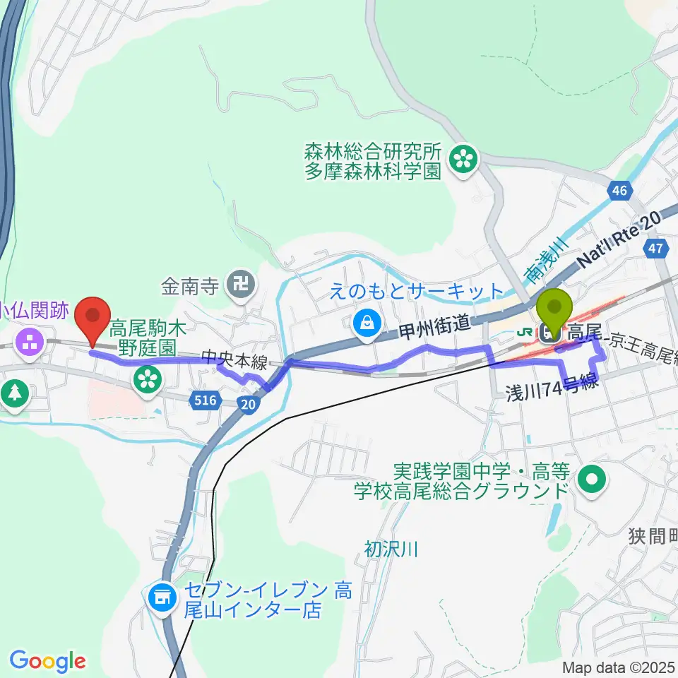 高尾駅からハイリーズ 小口径ドラム工房へのルートマップ地図