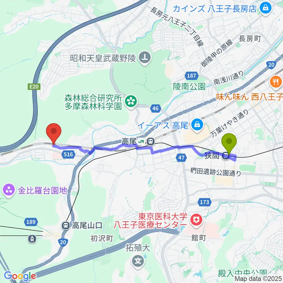 狭間駅からハイリーズ 小口径ドラム工房へのルートマップ地図