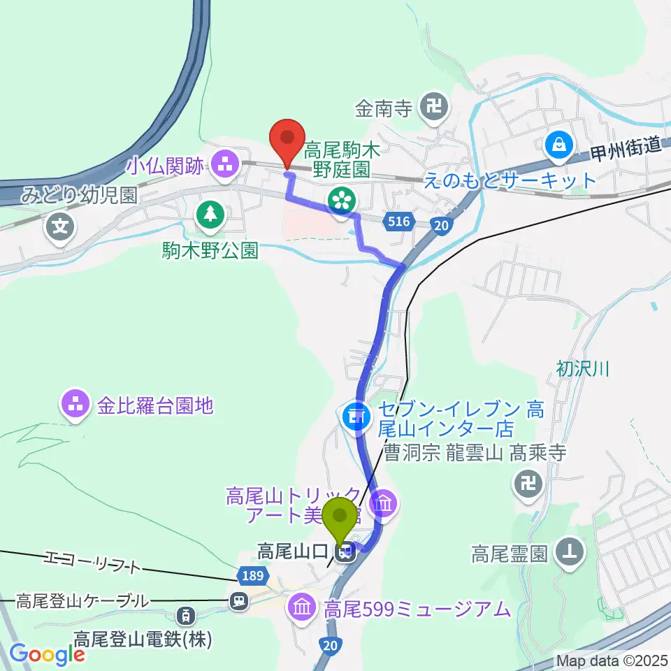 ハイリーズ 小口径ドラム工房の最寄駅高尾山口駅からの徒歩ルート（約18分）地図