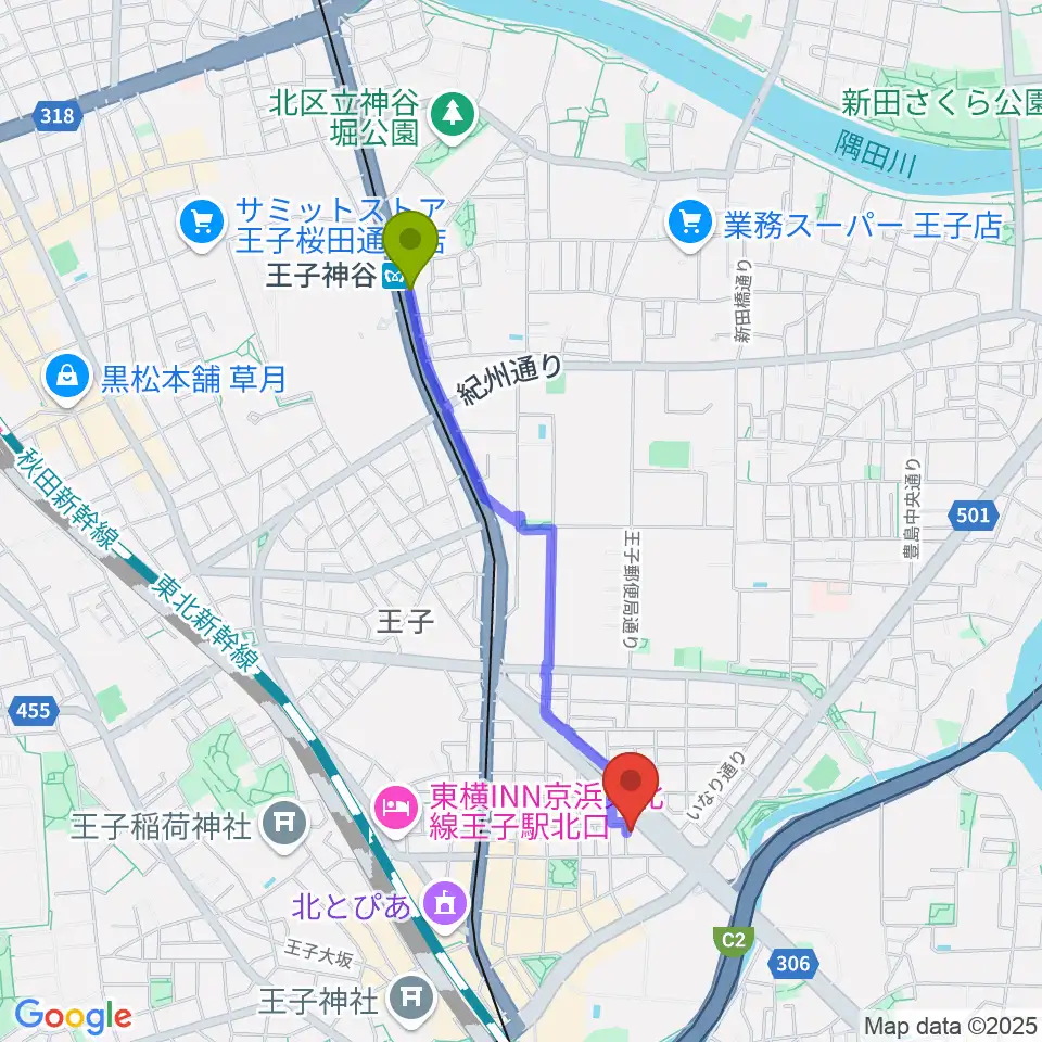 王子神谷駅から武蔵野楽器へのルートマップ地図
