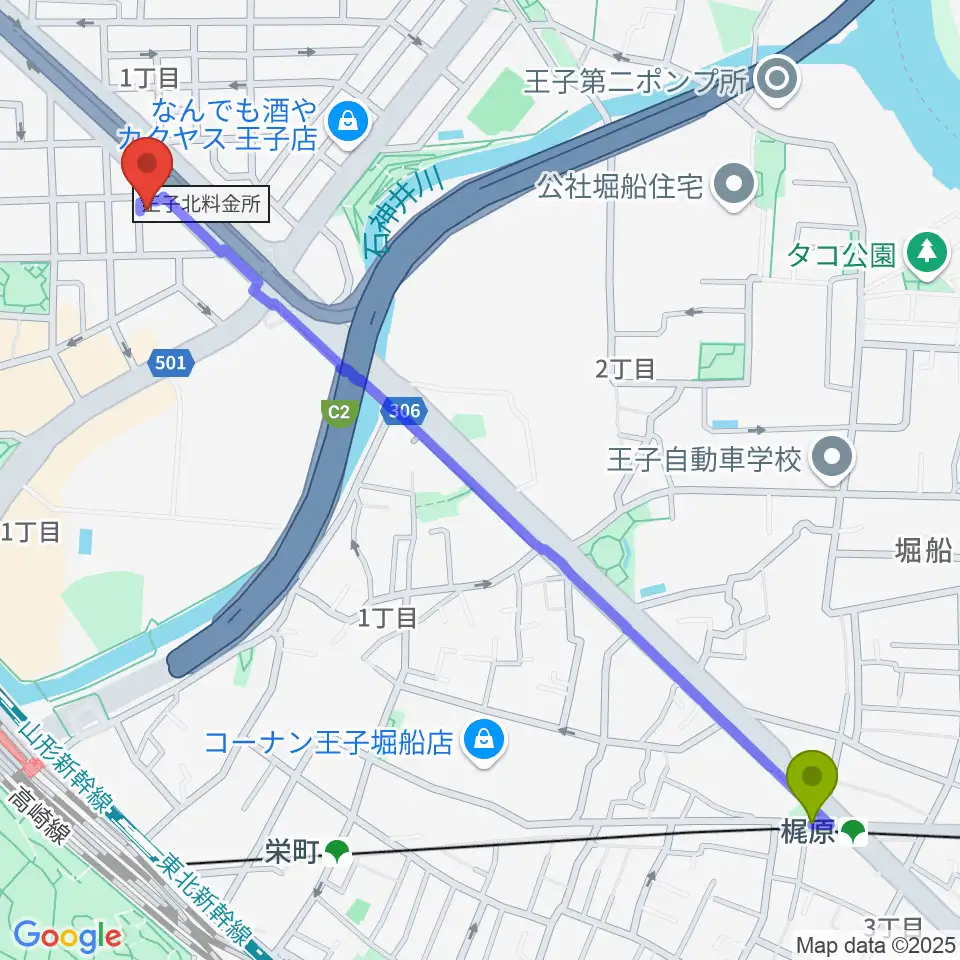 梶原駅から武蔵野楽器へのルートマップ地図