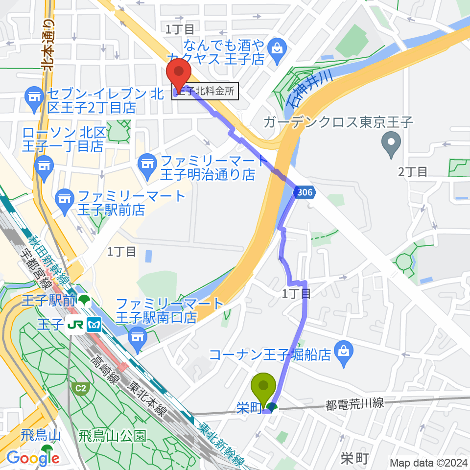 栄町駅から武蔵野楽器へのルートマップ地図