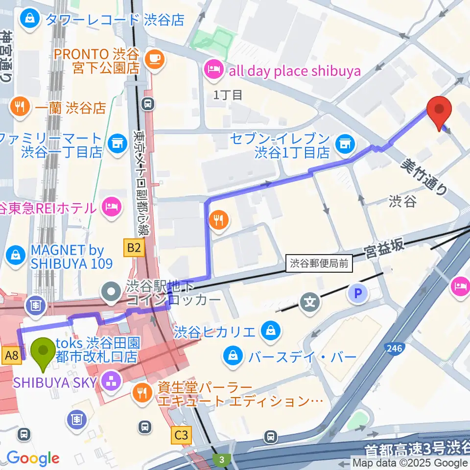 ネロ楽器の最寄駅渋谷駅からの徒歩ルート（約8分）地図