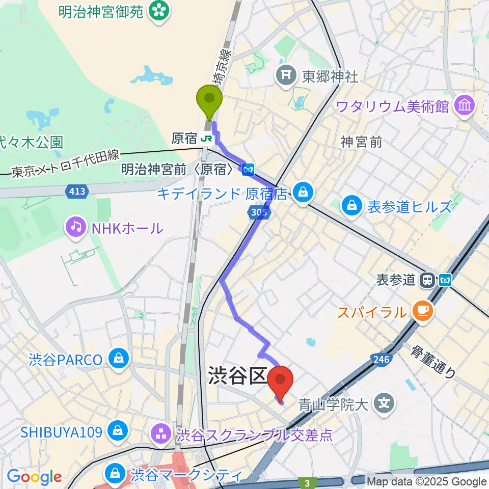 原宿駅からネロ楽器へのルートマップ地図