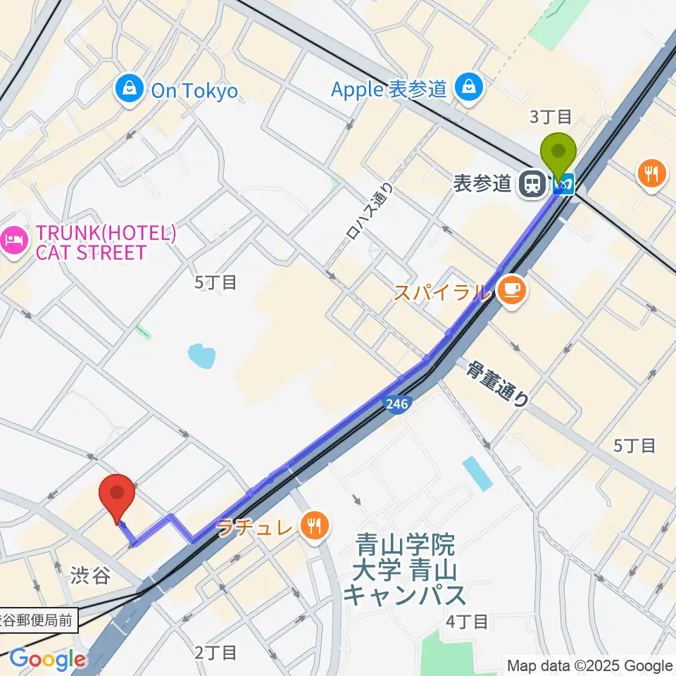 表参道駅からネロ楽器へのルートマップ地図