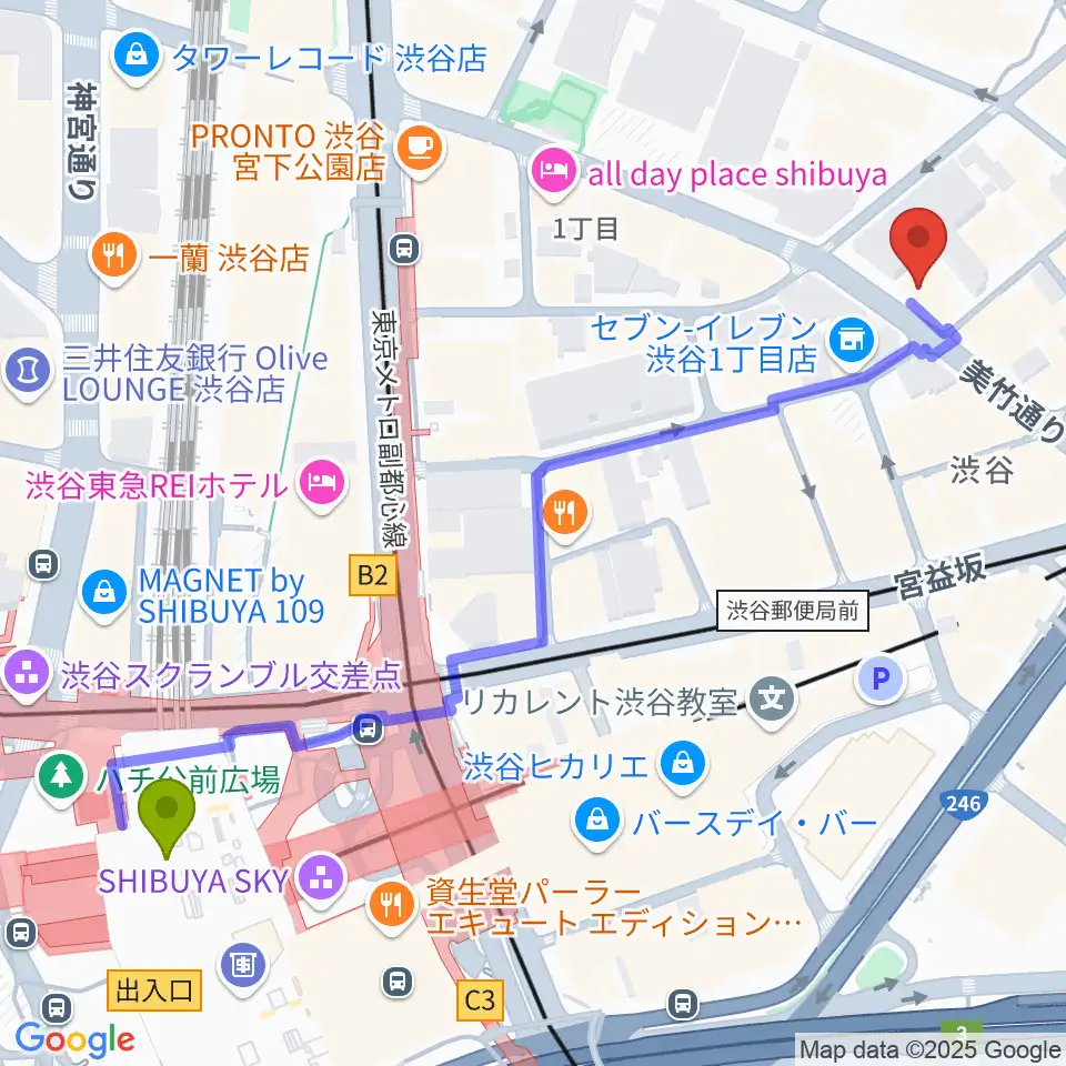 ニコニコギターズの最寄駅渋谷駅からの徒歩ルート（約7分）地図