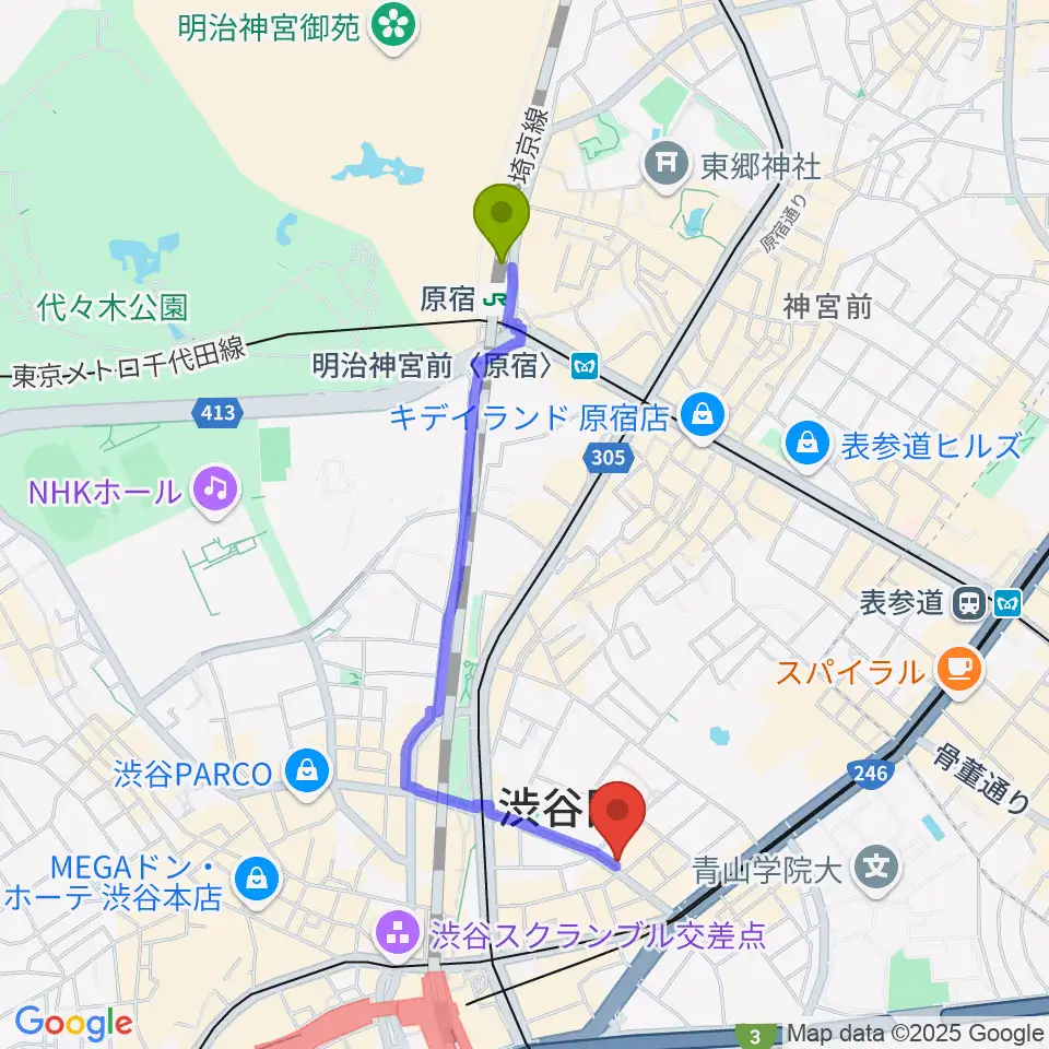 原宿駅からニコニコギターズへのルートマップ地図