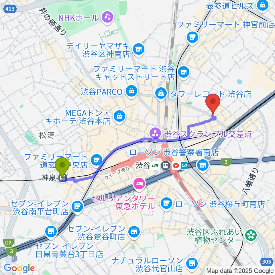 神泉駅からニコニコギターズへのルートマップ地図
