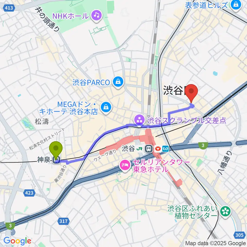 神泉駅からニコニコギターズへのルートマップ地図