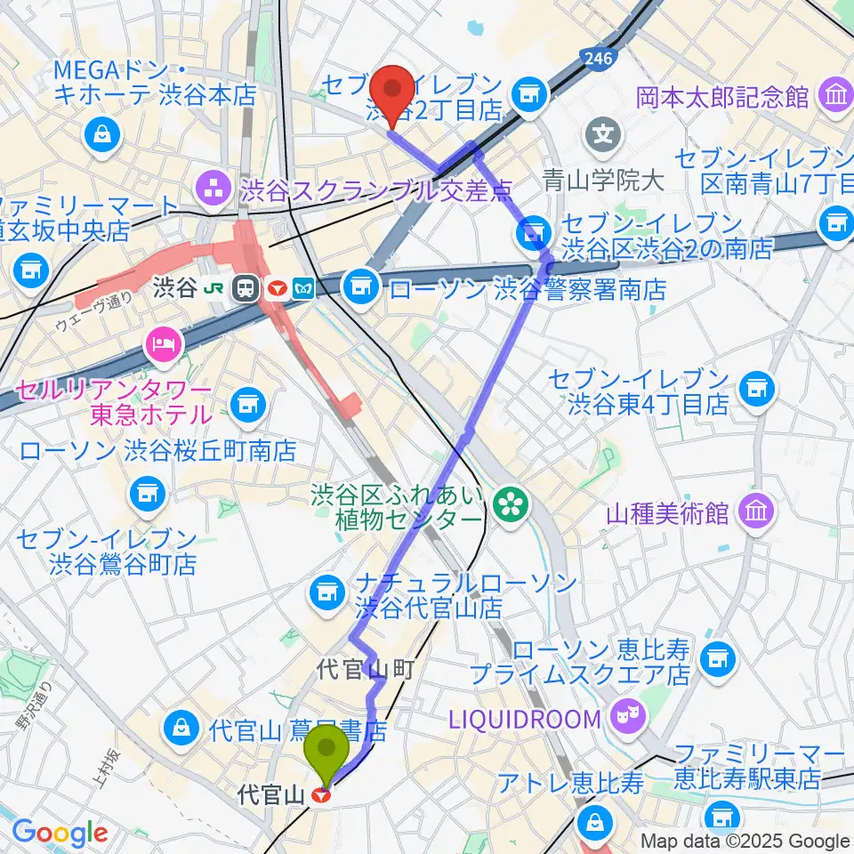 代官山駅からニコニコギターズへのルートマップ地図
