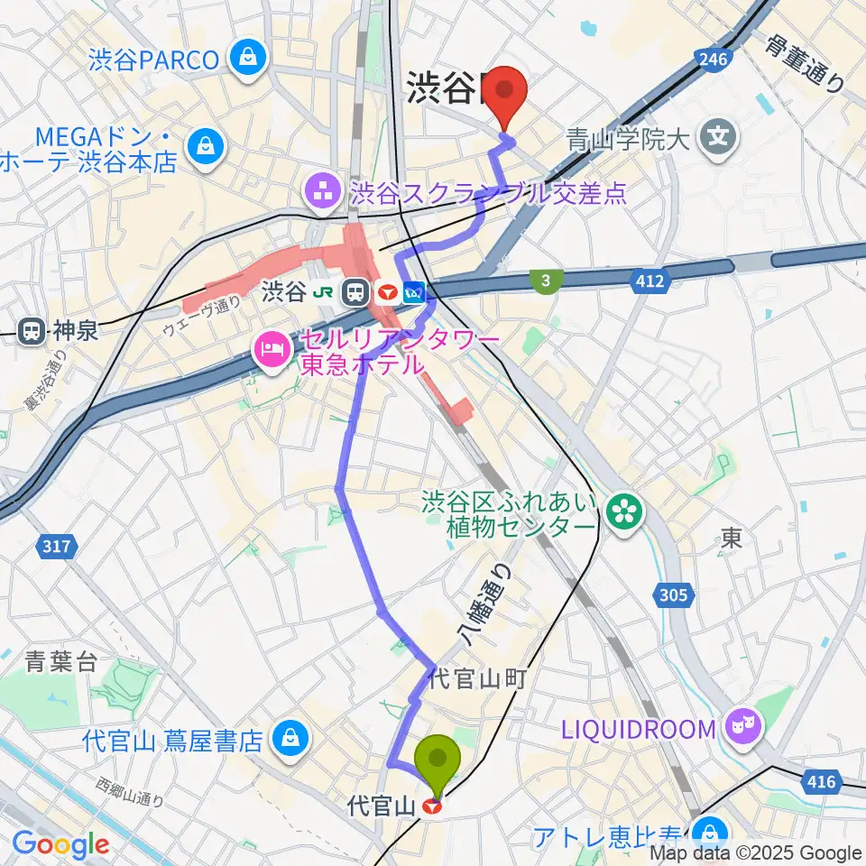 代官山駅からニコニコギターズへのルートマップ地図