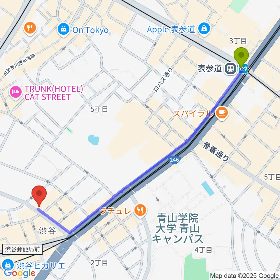 表参道駅からニコニコギターズへのルートマップ地図