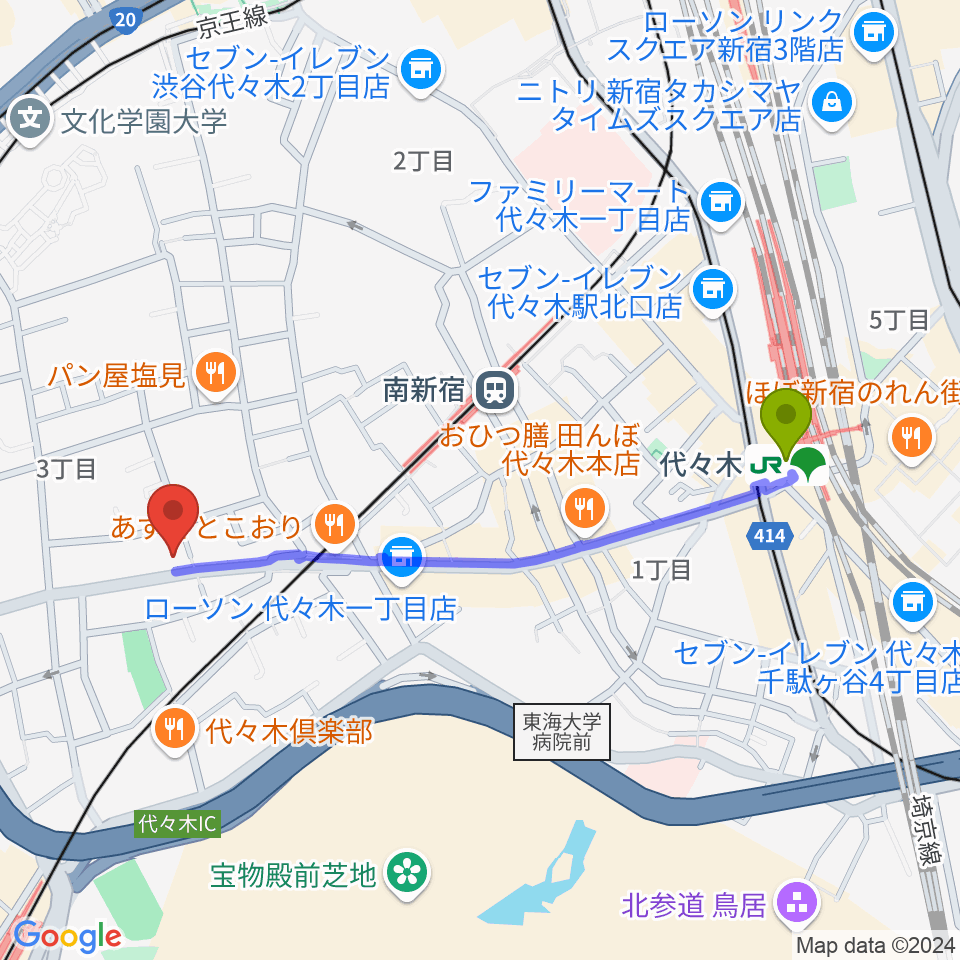 代々木駅からオープンエアースタジオへのルートマップ地図