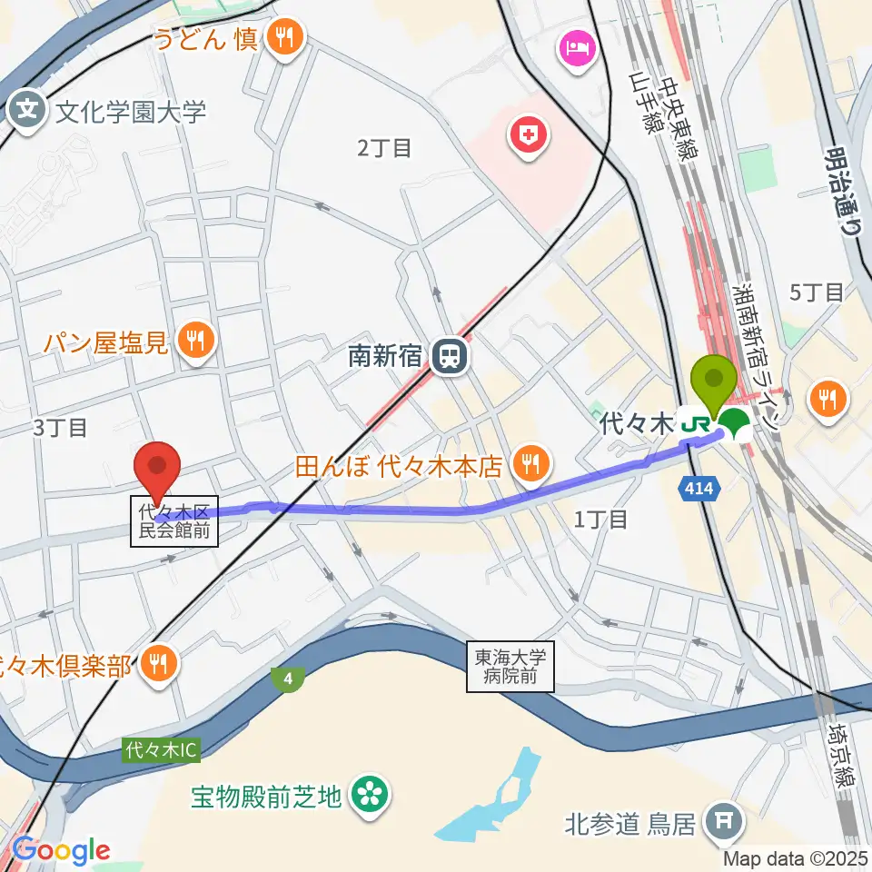 代々木駅からオープンエアースタジオへのルートマップ地図
