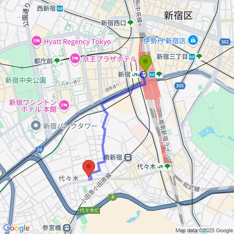 新宿駅からオープンエアースタジオへのルートマップ地図