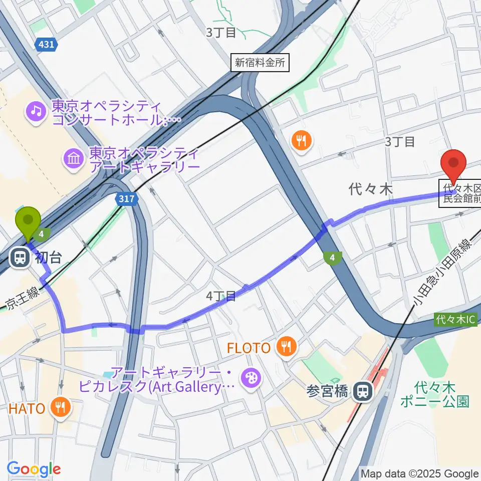初台駅からオープンエアースタジオへのルートマップ地図