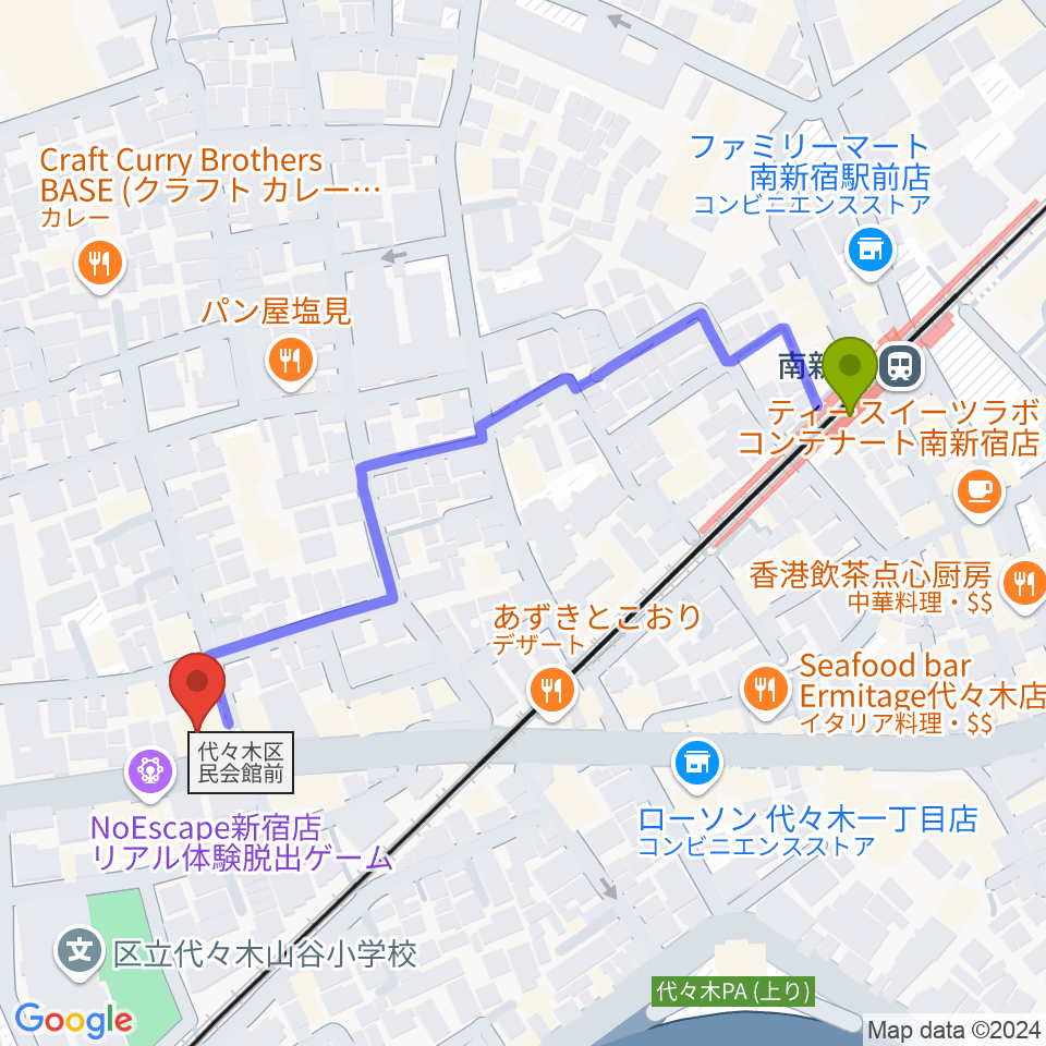 オープンエアースタジオの最寄駅南新宿駅からの徒歩ルート（約5分）地図