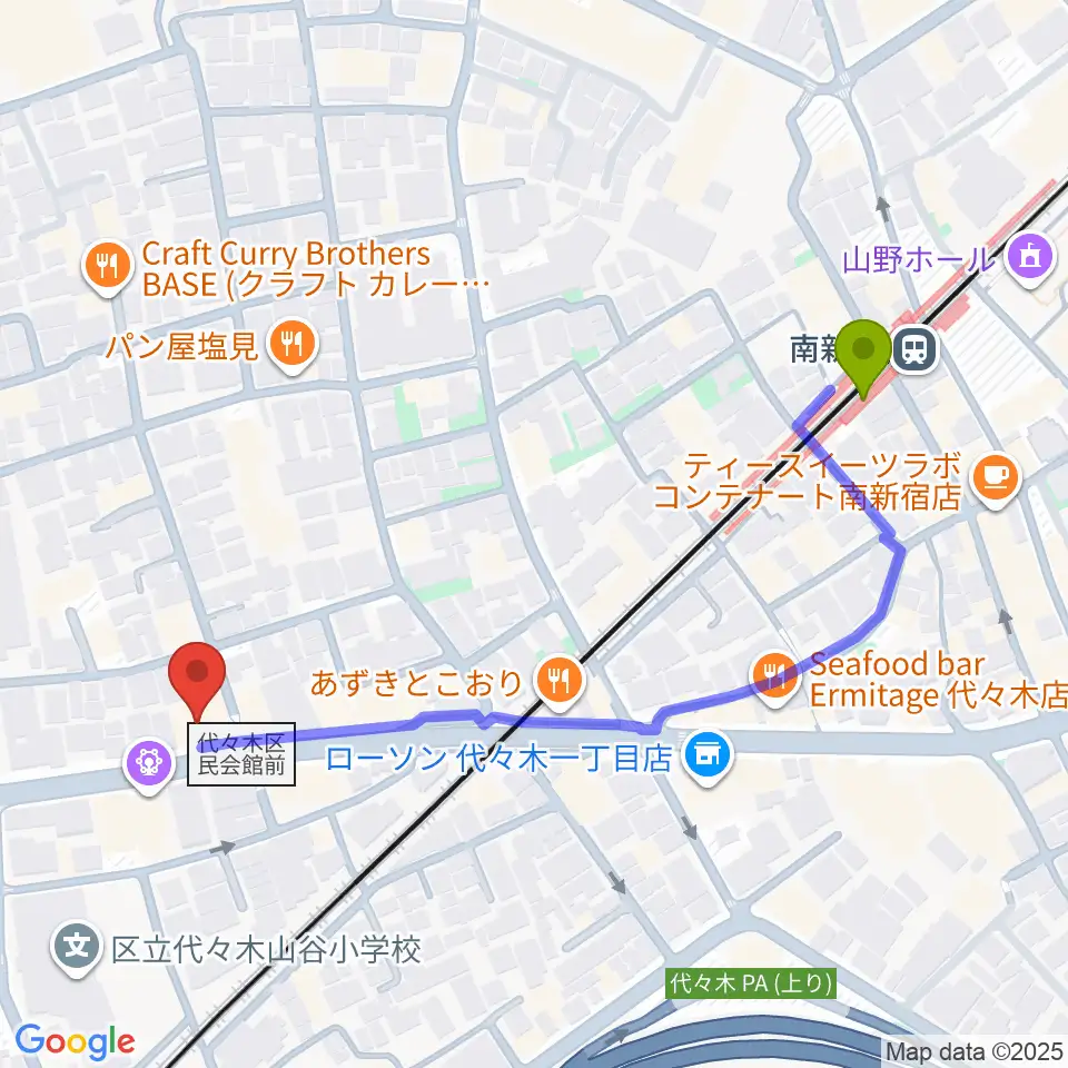 オープンエアースタジオの最寄駅南新宿駅からの徒歩ルート（約5分）地図