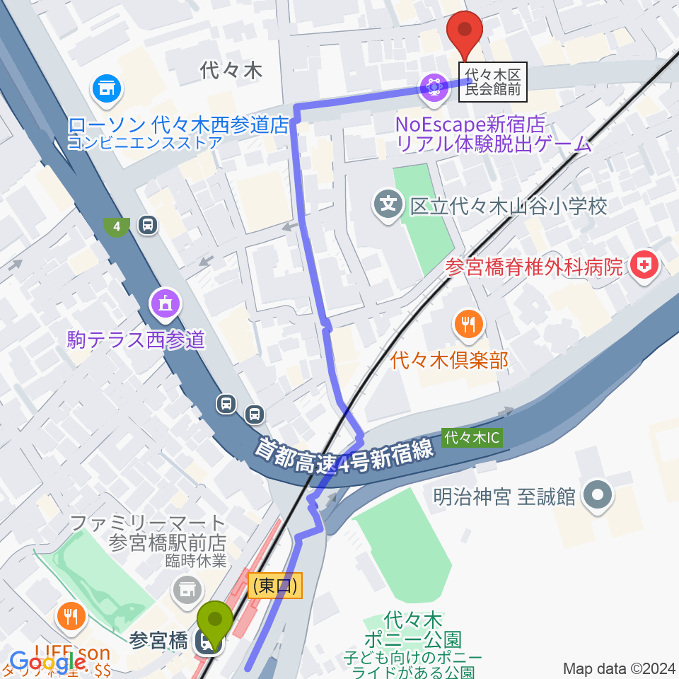 参宮橋駅からオープンエアースタジオへのルートマップ地図