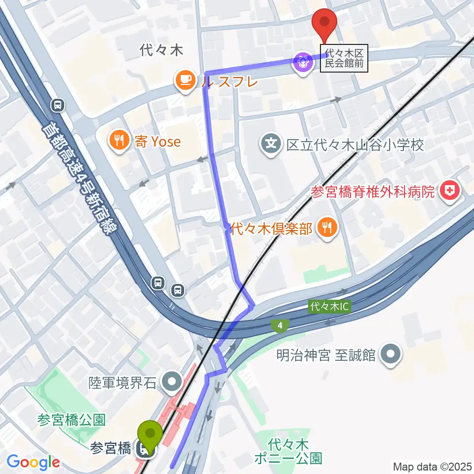 参宮橋駅からオープンエアースタジオへのルートマップ地図