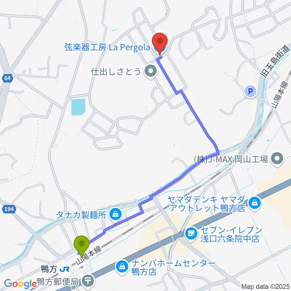 弦楽器工房 La Pergolaの最寄駅鴨方駅からの徒歩ルート（約12分）地図