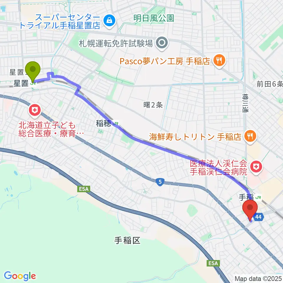 星置駅から三響楽器へのルートマップ地図