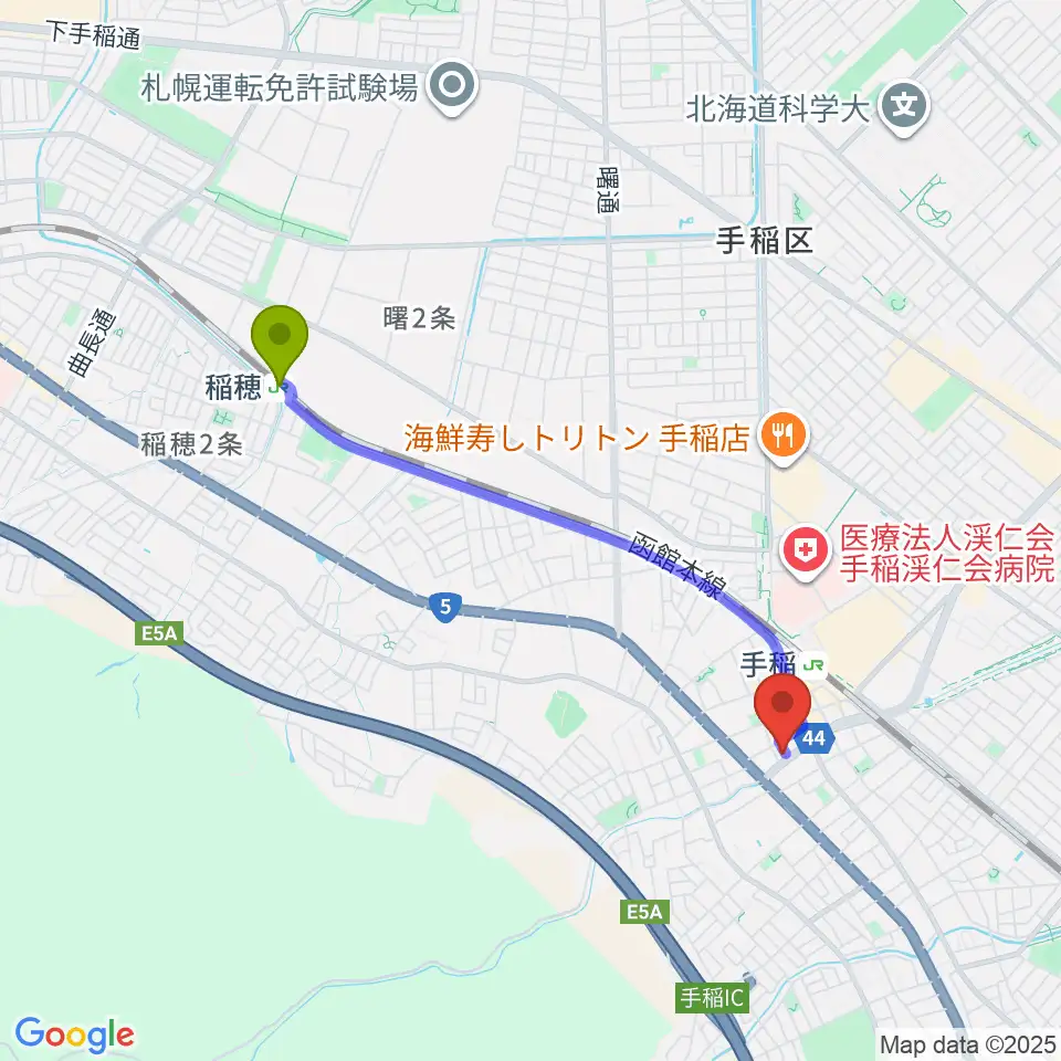 稲穂駅から三響楽器へのルートマップ地図